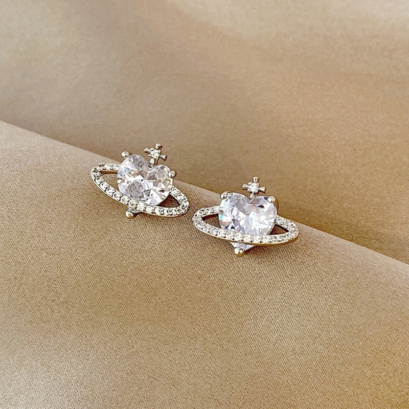 愛心土星綴鑽耳環 銀色