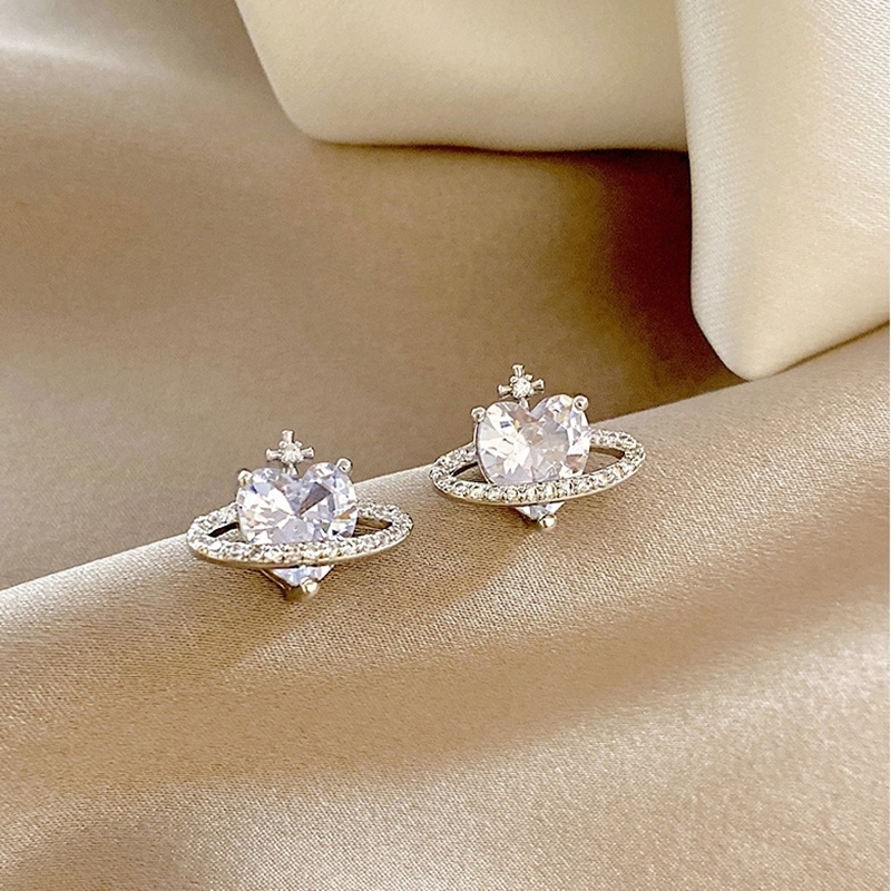 愛心土星綴鑽耳環 銀色