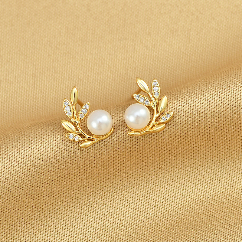 橄欖枝綴珠耳環 金色