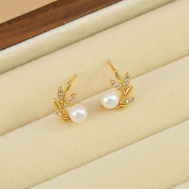 橄欖枝綴珠耳環 金色