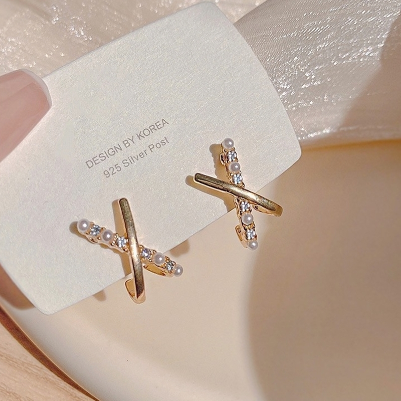 交叉珠鑽耳環 金色