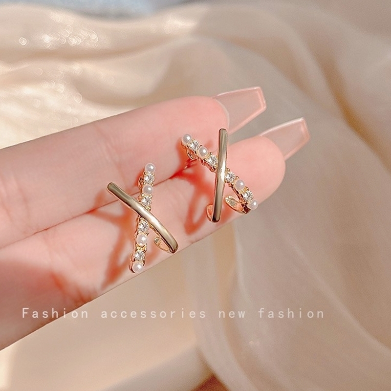 交叉珠鑽耳環 金色