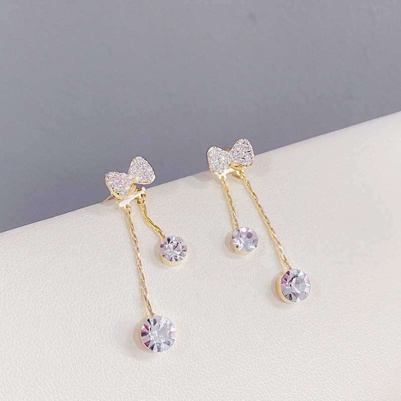 蝴蝶結串鑽耳環 金色