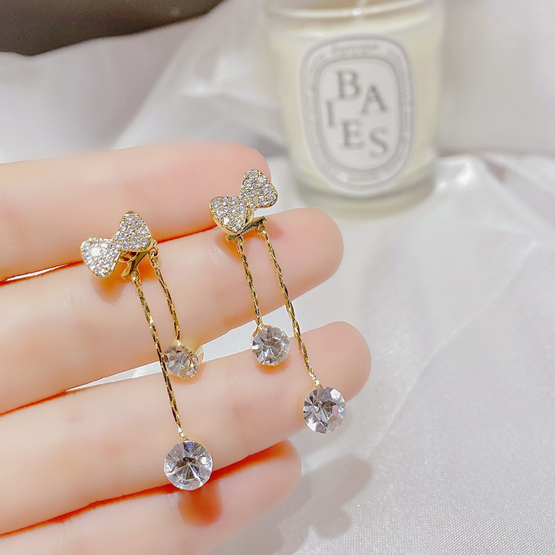 蝴蝶結串鑽耳環 金色