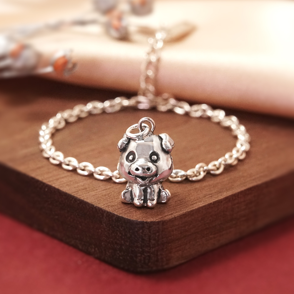 豬事大吉 豬寶寶兒童手鍊(細版) 豬年生肖送禮 925純銀手鍊