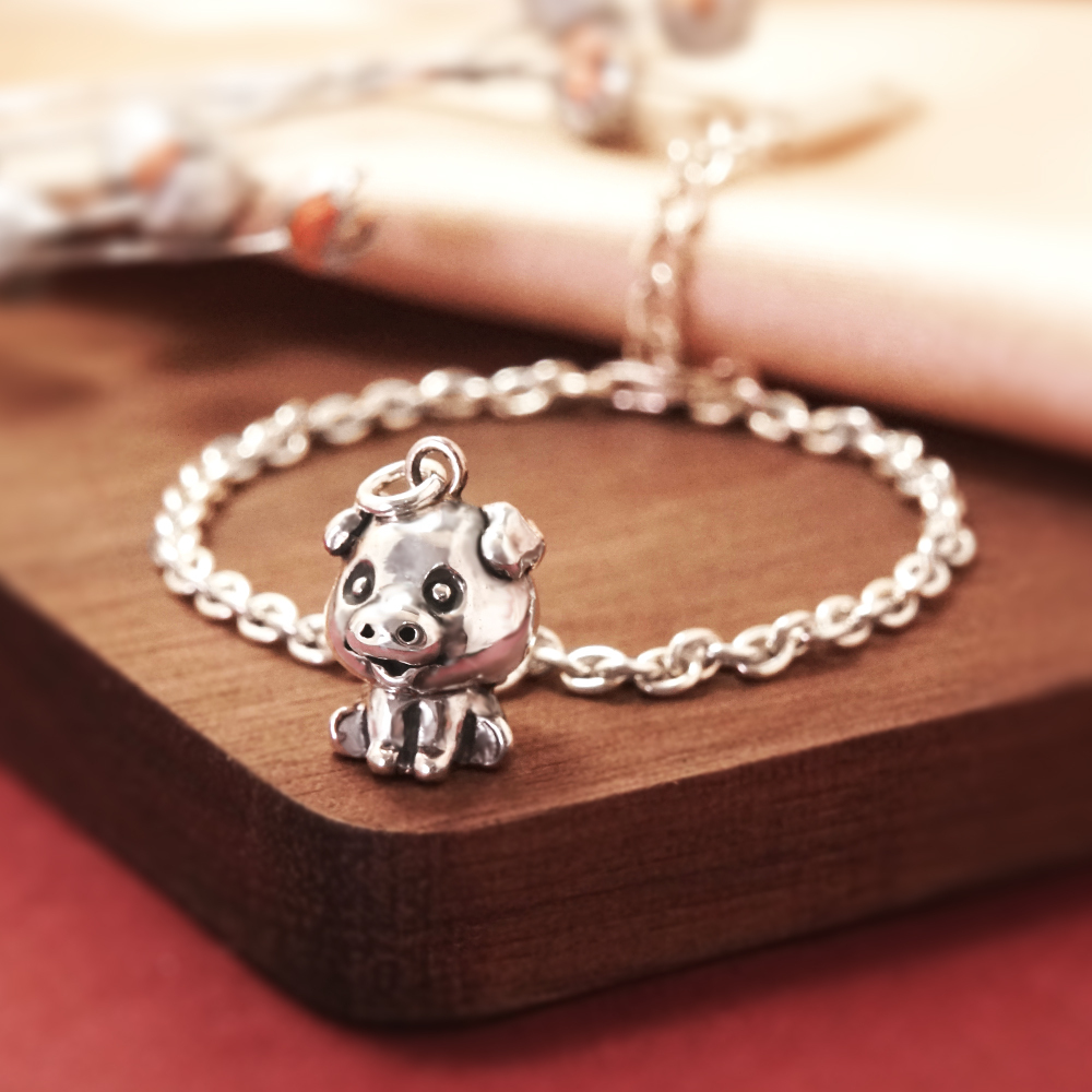豬事大吉 豬寶寶兒童手鍊(細版) 豬年生肖送禮 925純銀手鍊