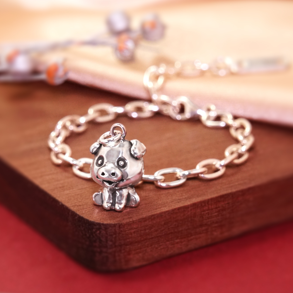 豬事大吉 豬寶寶兒童手鍊(寬版) 豬年生肖送禮 925純銀手鍊