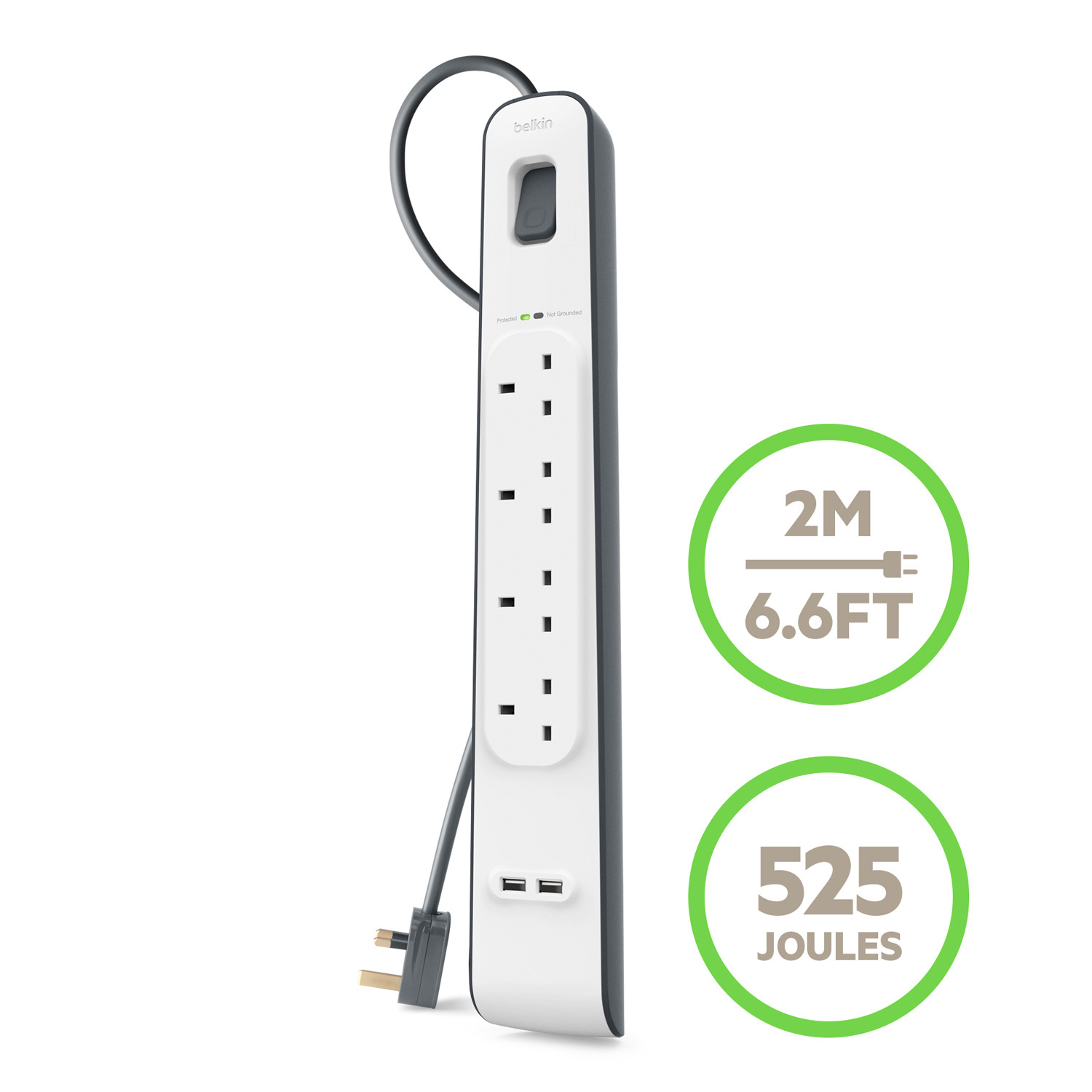 4位防雷保護拖板 (2個USB A, 2米電源線, 2.4安培)