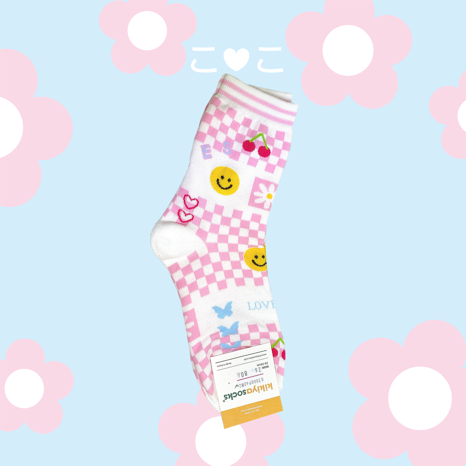 正韓格子可愛插圖雙線襪子
