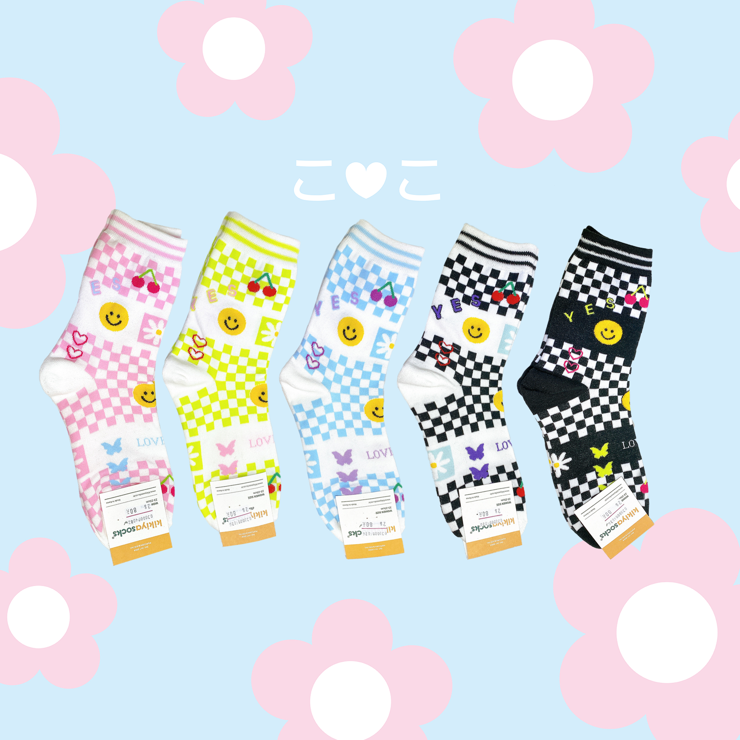 正韓格子可愛插圖雙線襪子