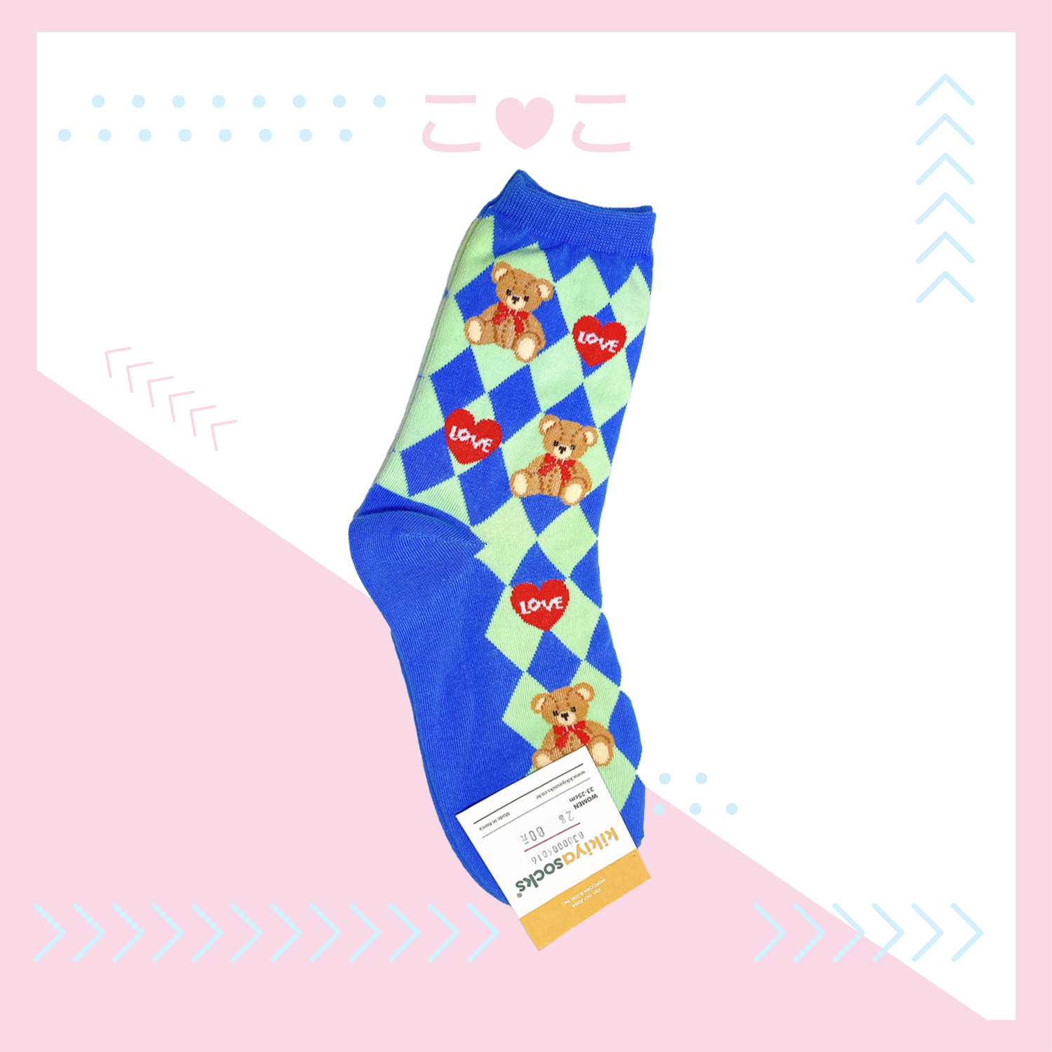 正韓菱格紋熊熊愛心襪子