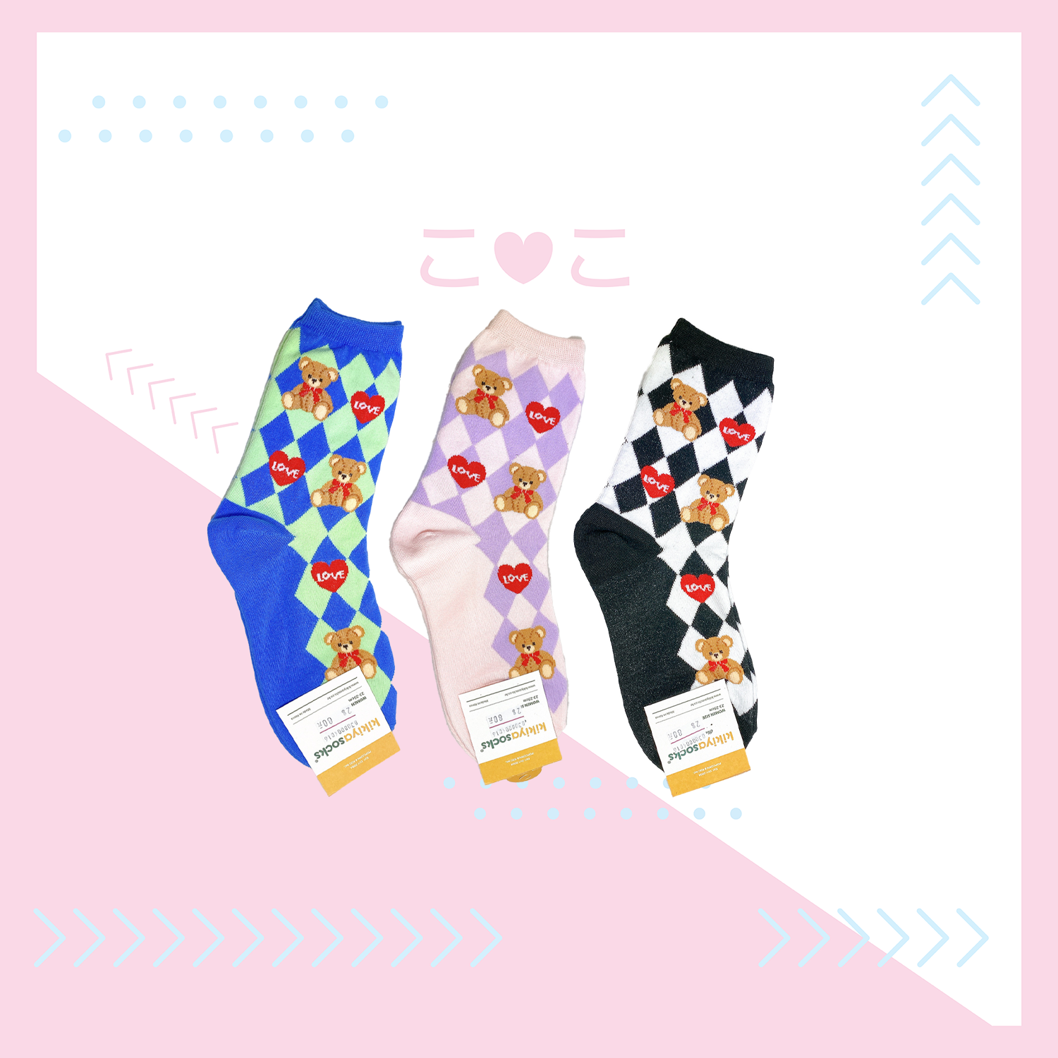 正韓菱格紋熊熊愛心襪子