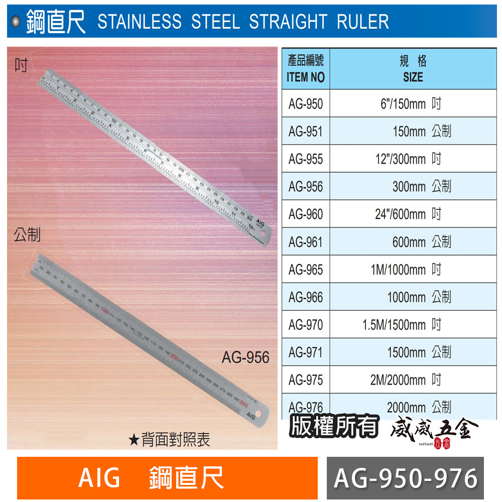 AIG 品牌｜6" 12"  24" 1M 1.5 2M｜英吋mm / 全mm 公制｜不鏽鋼直尺 鋼尺 鐵尺