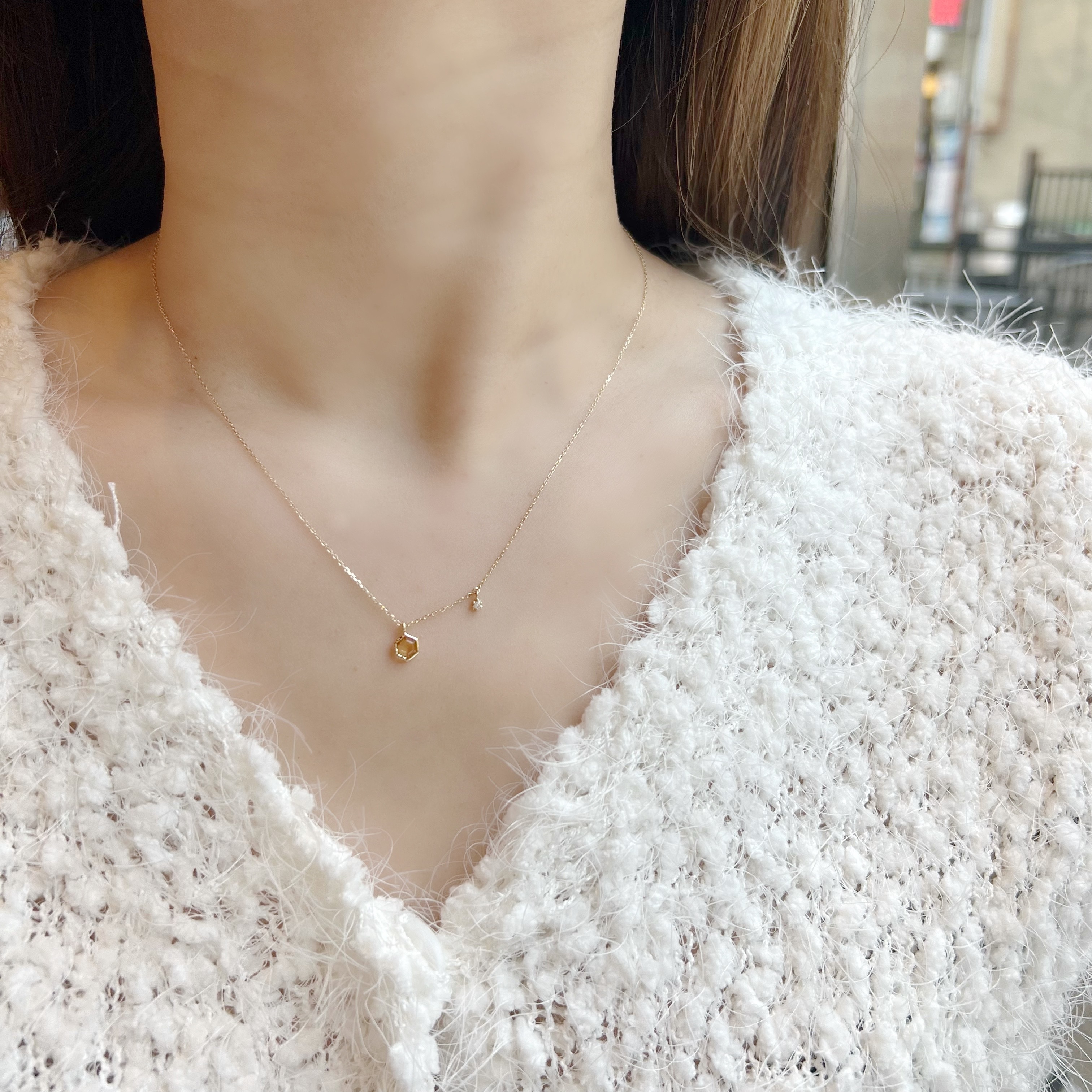 14k Hexagon黃水晶垂白鑽項鍊