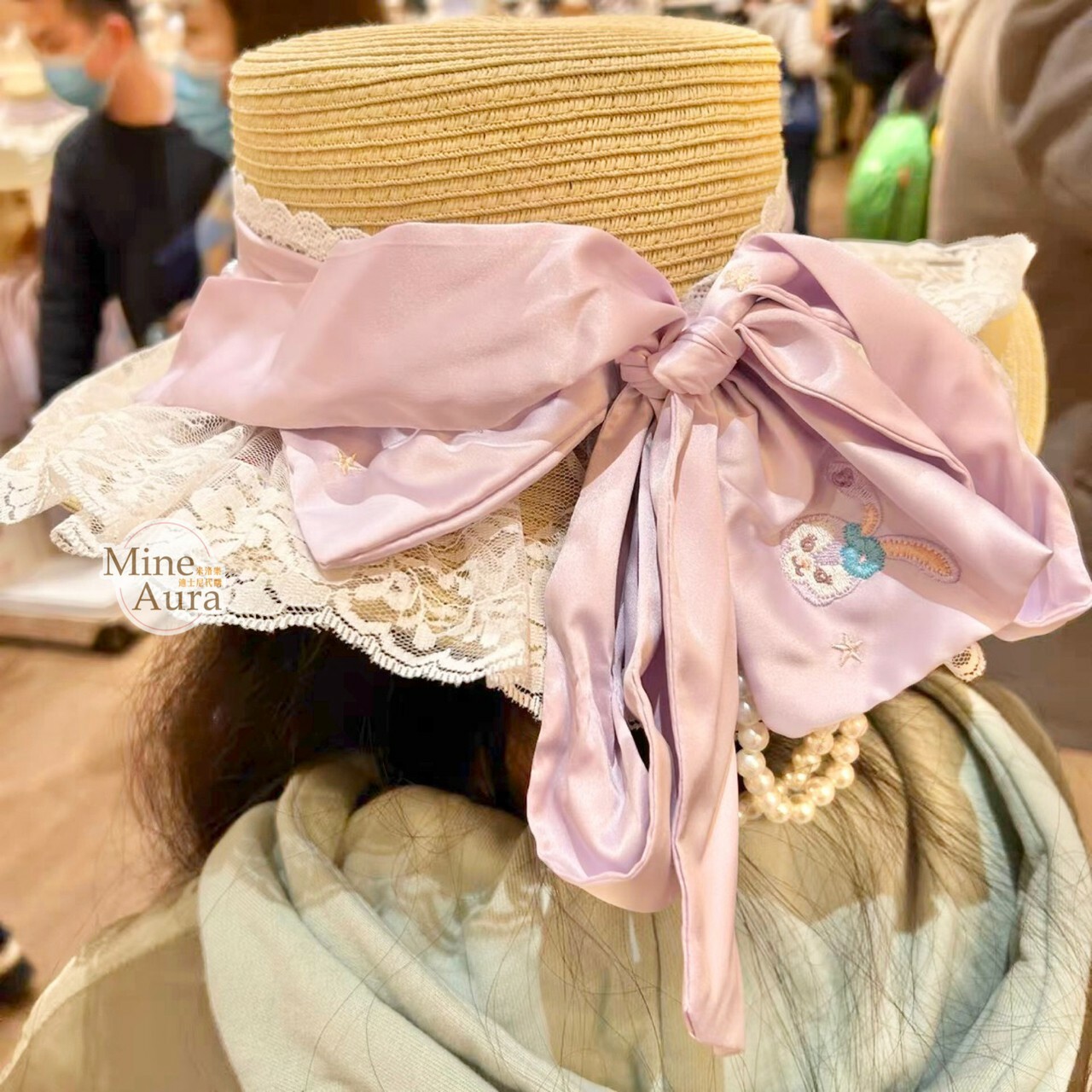 (限時特價) 史黛拉露 星黛露 StellaLou 法式 浪漫蕾絲 珍珠 蝴蝶結緞帶 造型 編織帽 草帽 帽子 -上海迪士尼樂園