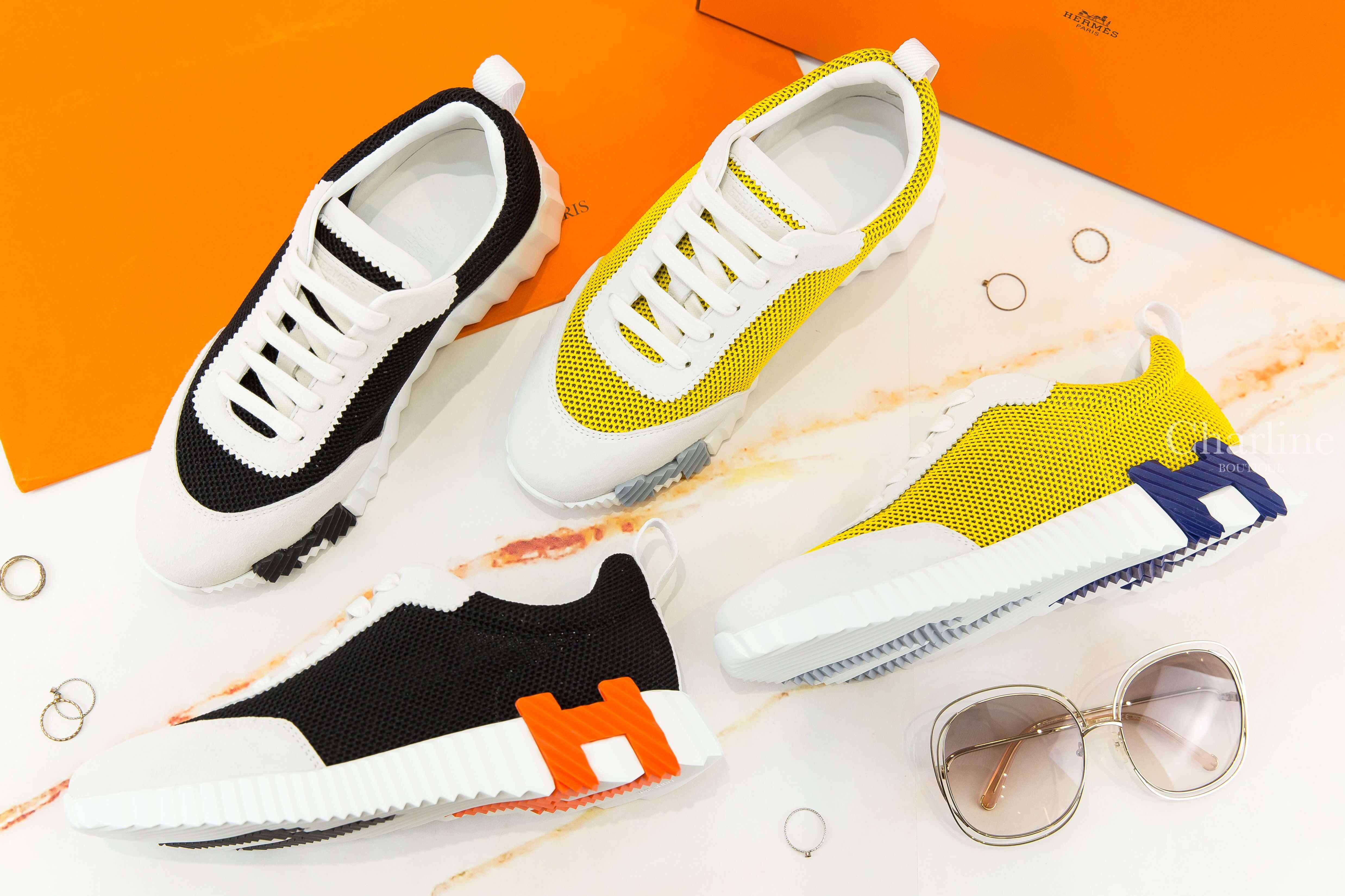 Hermès Bouncing Sneaker 黃玉色透氣網布白色山羊麂皮藍/灰H運動鞋,Hermès Bouncing Sneaker 黑色透氣網布白色山羊麂皮黑/橘H運動鞋-Charline Boutique 精品代購
