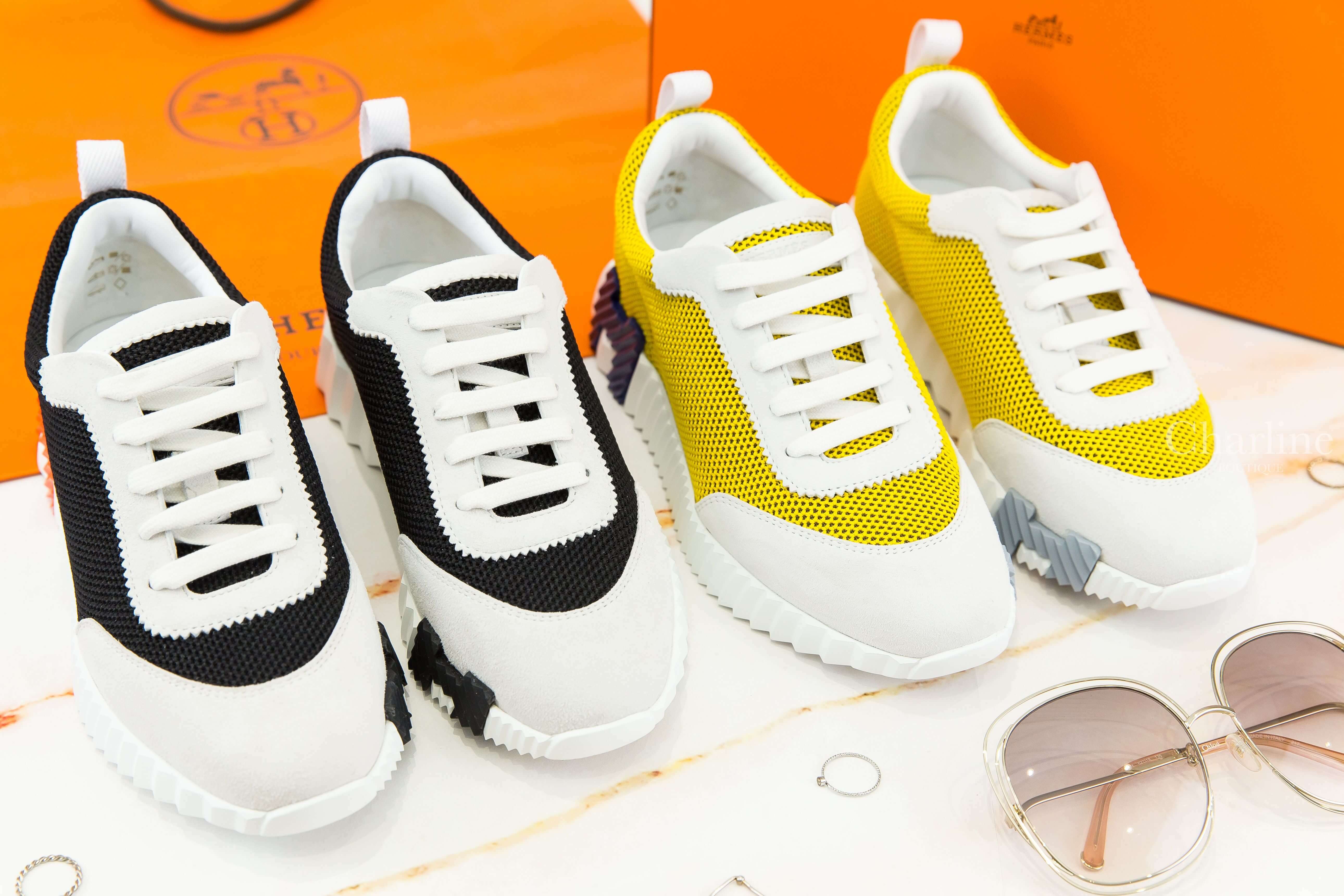 Hermès Bouncing Sneaker 黃玉色透氣網布白色山羊麂皮藍/灰H運動鞋,Hermès Bouncing Sneaker 黑色透氣網布白色山羊麂皮黑/橘H運動鞋-Charline Boutique 精品代購