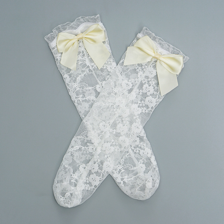 X37YW_SS23_C💛天使淡黃公主風蝴蝶結蕾絲中筒襪(pre-order)