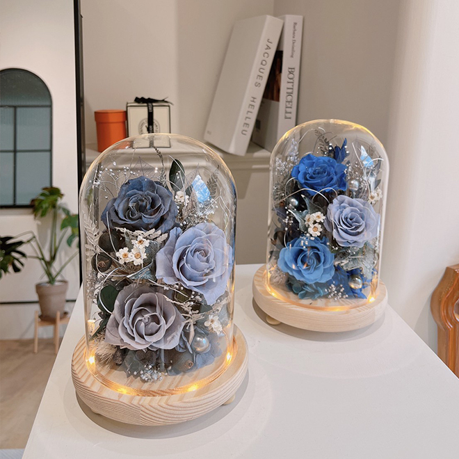 長型玻璃罩小夜燈 灰色系永生花