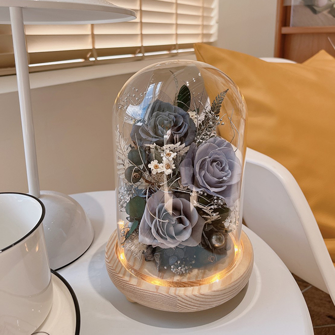 長型玻璃罩小夜燈 灰色系永生花