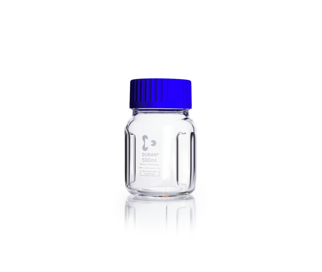 DURAN GLS 80 Laboratory bottle Baffled Wide Mouth Clear, with screw cap and pouring ring from PP (blue)