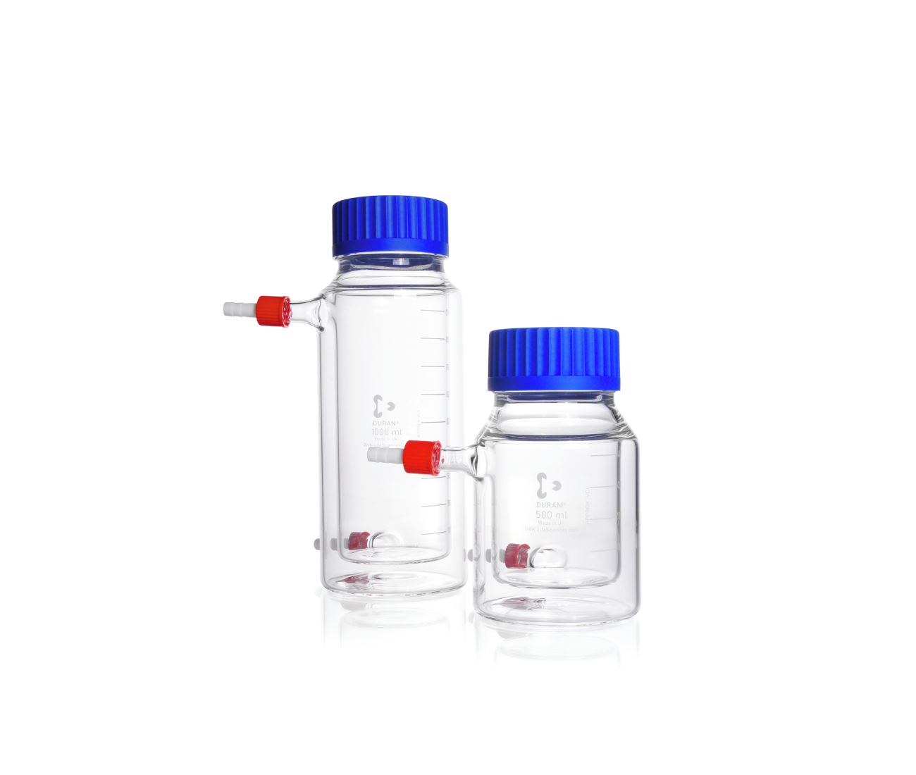 DURAN GLS 80 Laboratory bottle Double Walled (Jacketed) Wide Mouth Clear, with screw cap and pouring ring from PP (blue)