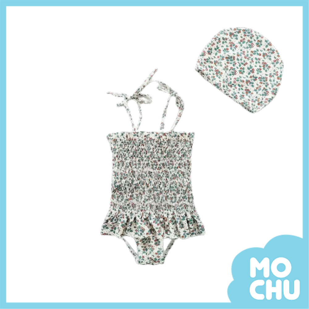 清新碎花吊帶皺摺連身泳裝(兩色)