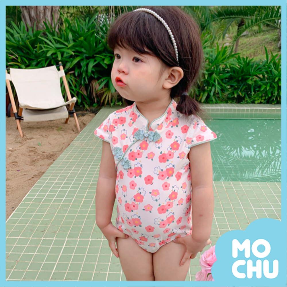 復古旗袍小花連身泳裝