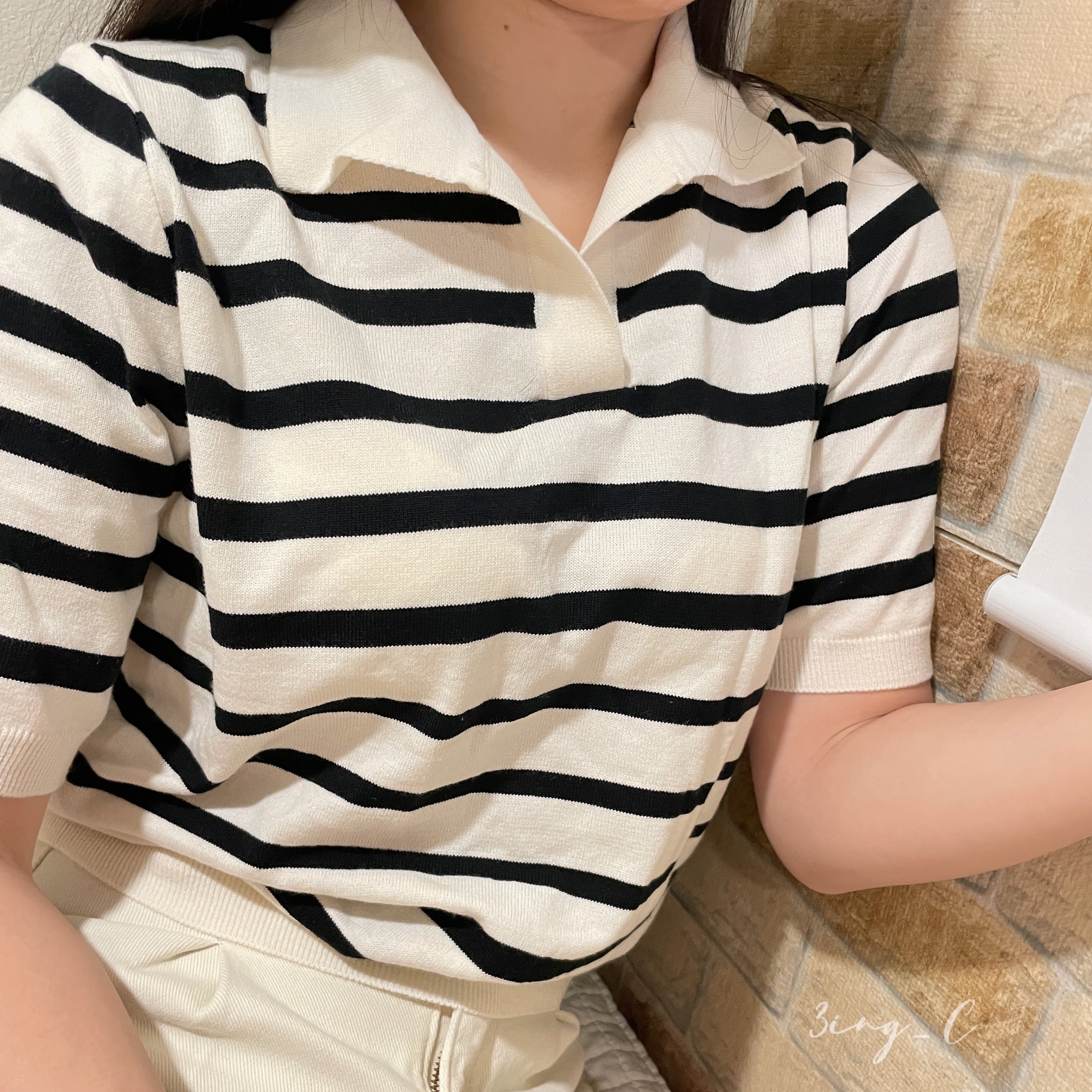 韓國連線-線條折領針織上衣