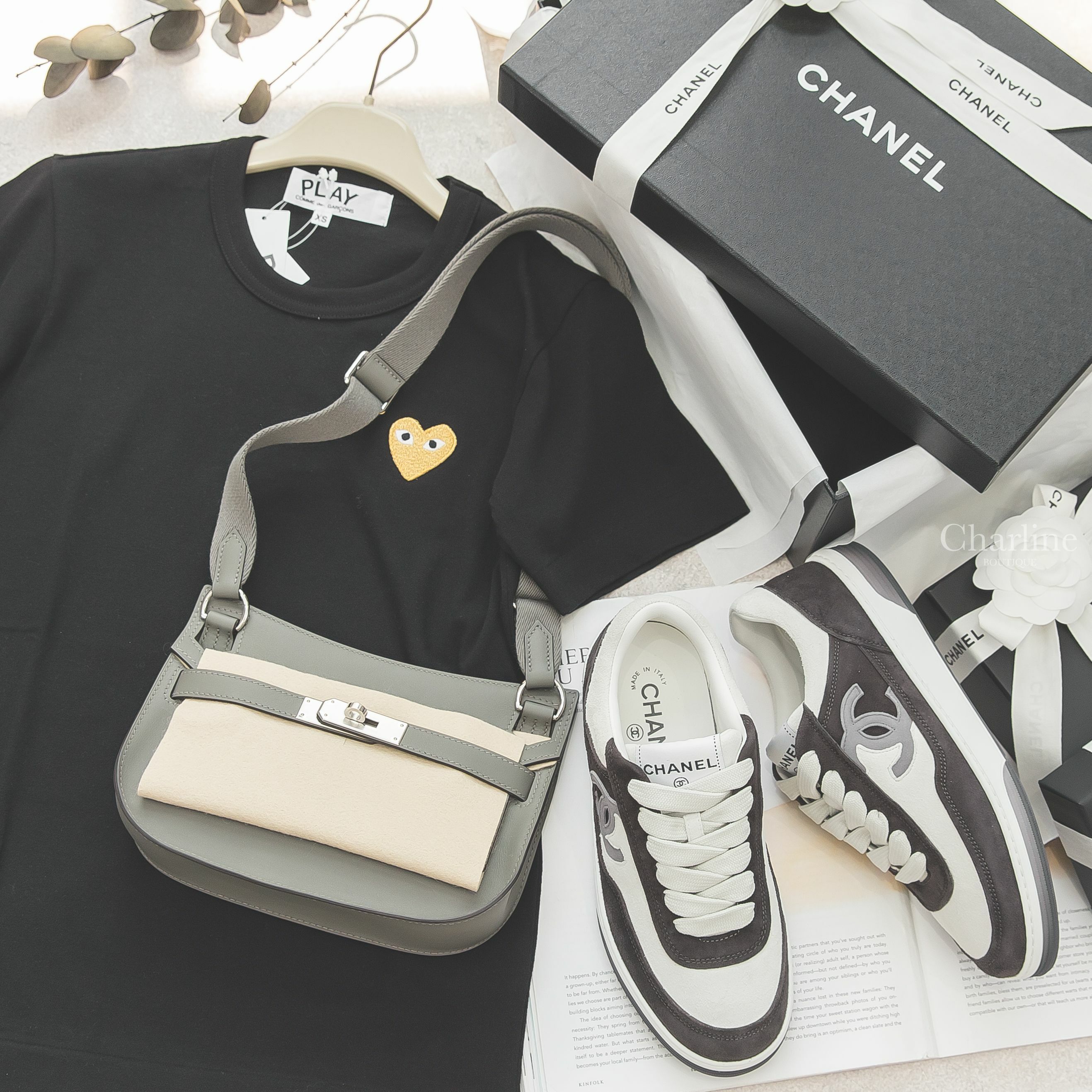 Chanel Trainers 白色拼黑色灰CC麂皮運動鞋,Hermès Jypsiere Mini 0L Gris Meyer Veau Swift U刻積雨雲灰銀釦迷你肩背包-Charline Boutique 精品代購