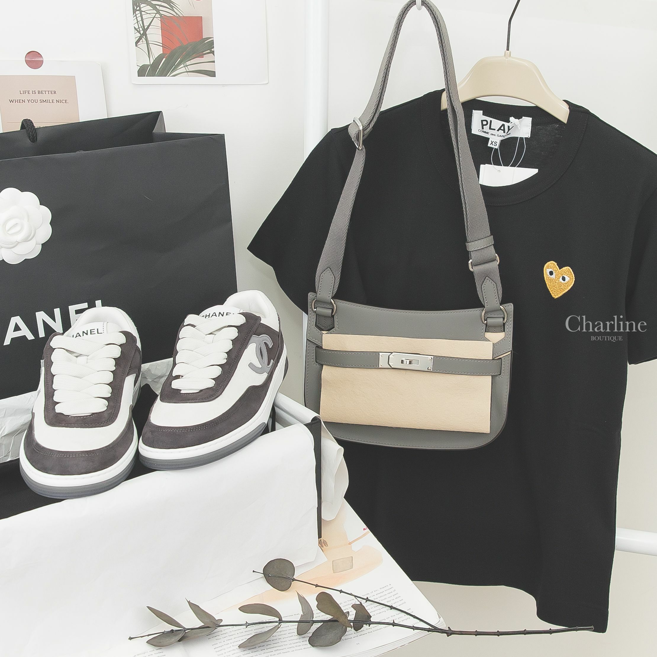 Chanel Trainers 白色拼黑色灰CC麂皮運動鞋,Hermès Jypsiere Mini 0L Gris Meyer Veau Swift U刻積雨雲灰銀釦迷你肩背包-Charline Boutique 精品代購