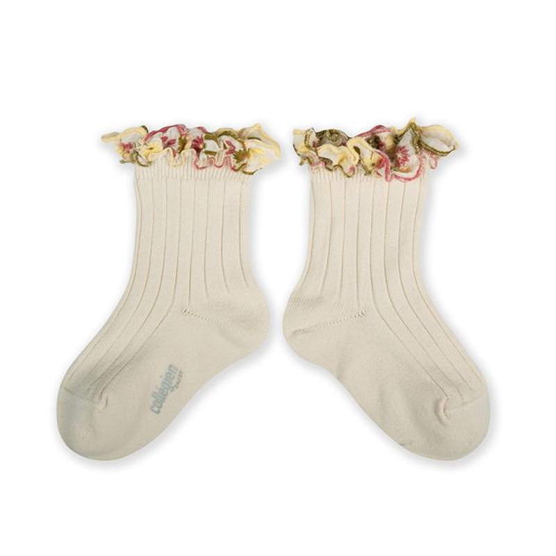 Collégien-Anémone Sock 春日浪漫刺繡小花荷葉邊短襪(Doux Agneaux)