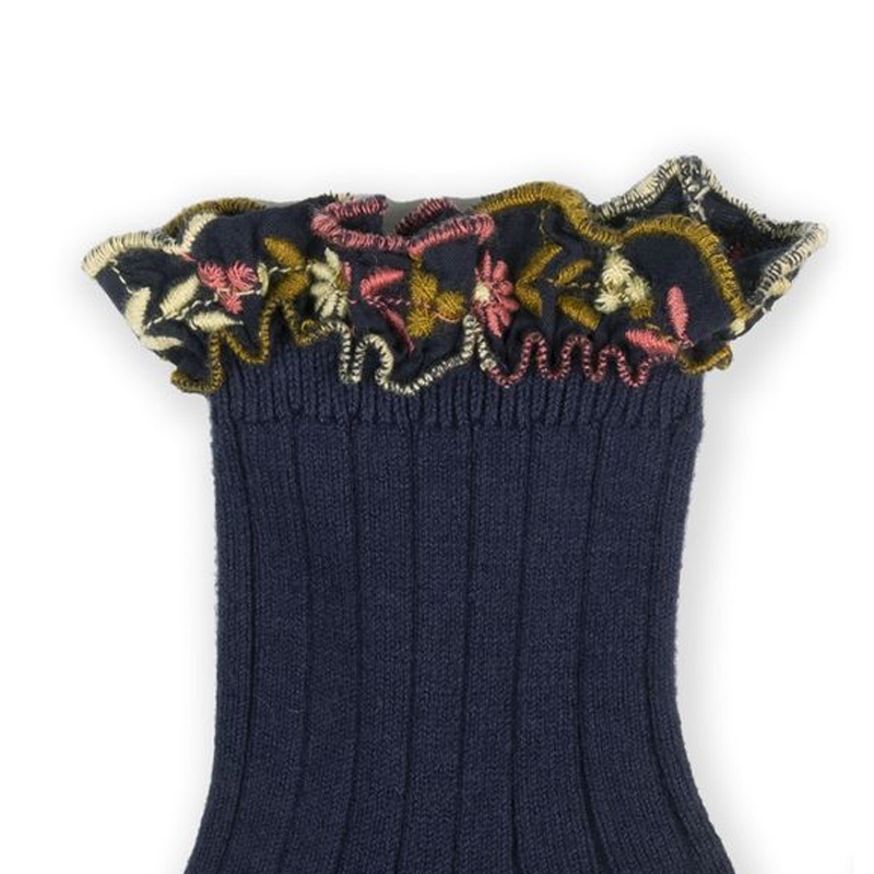 Collégien-Anémone Sock 春日浪漫刺繡小花荷葉邊短襪(Nuit Etoilée)
