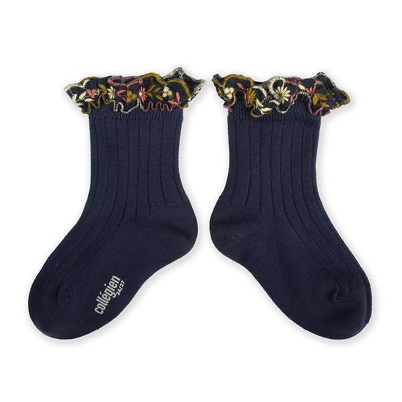Collégien-Anémone Sock 春日浪漫刺繡小花荷葉邊短襪(Nuit Etoilée)