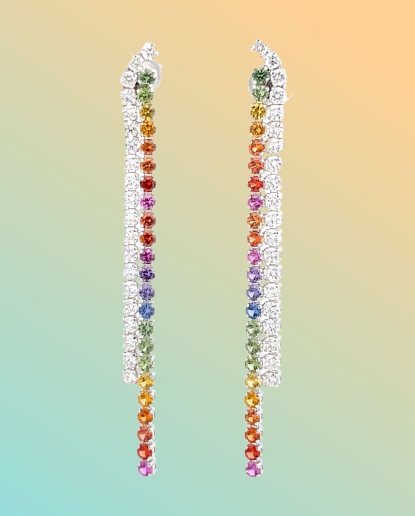 18K金彩虹藍寶石鑽石流蘇耳釘