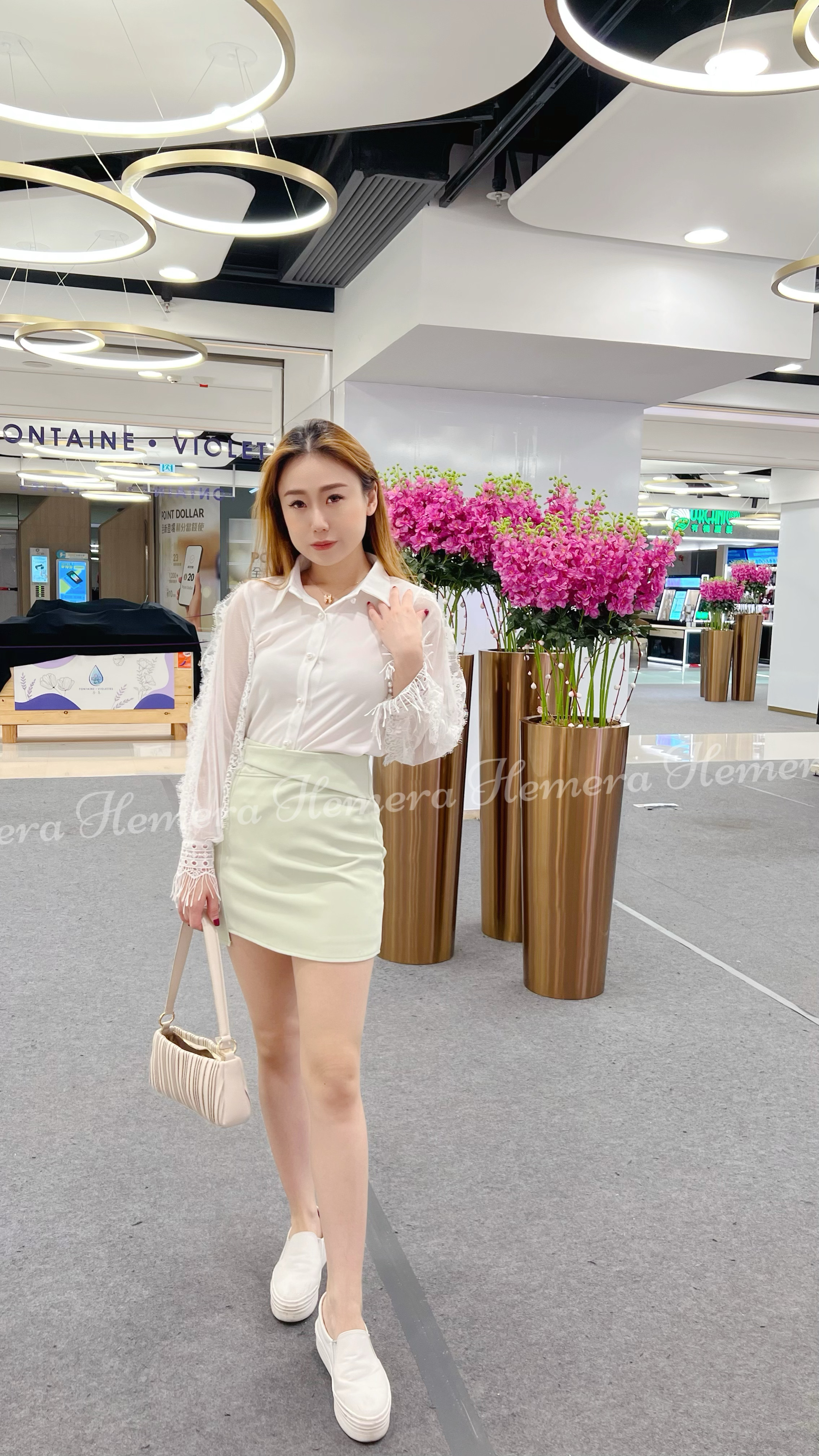 TP23W0358 SEE THROUGH 蕾絲袖珍珠鈕扣雪紡上衣