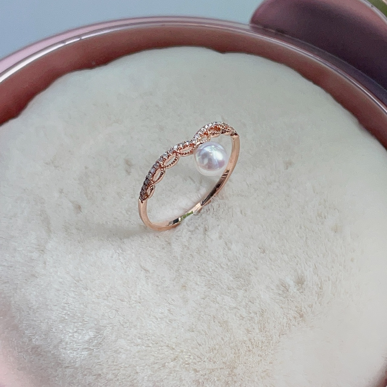 18K金日本Akoya蕾絲鑲鑽戒指 (4-5mm)