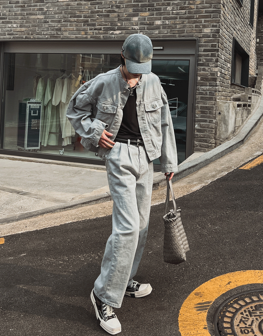 織物着色雙褶牛仔褲