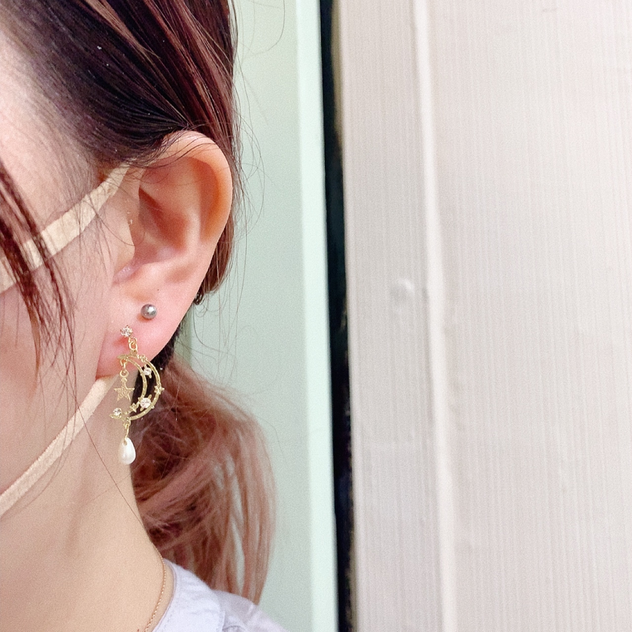 [日本制] 珍珠月亮耳環