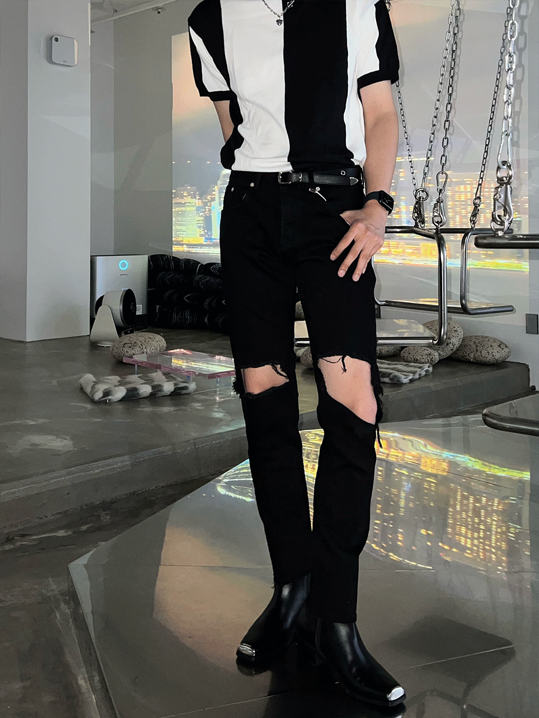 膝蓋裁剪牛仔褲