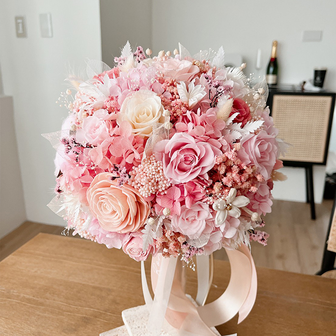 經典圓形捧花 粉色永生捧花 永生花 永生玫瑰 新娘捧花 粉色捧花