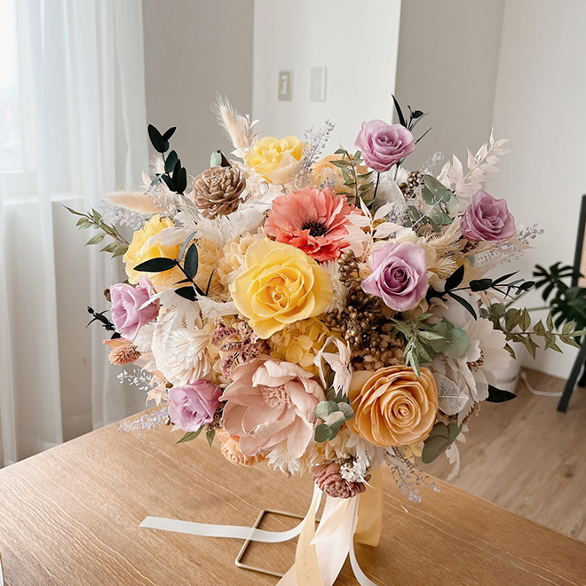 黃紫色捧花 精緻永生捧花 新娘捧花 歐式捧花 韓式捧花 黃色捧花