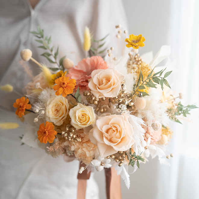 橘黃色捧花 精緻新娘捧花 永生捧花 歐式捧花
