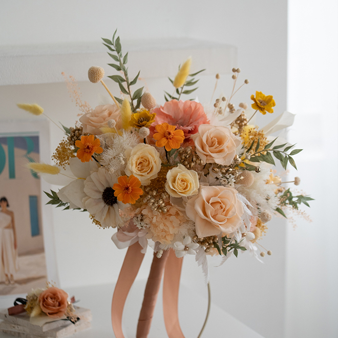 橘黃色捧花 精緻新娘捧花 永生捧花 歐式捧花
