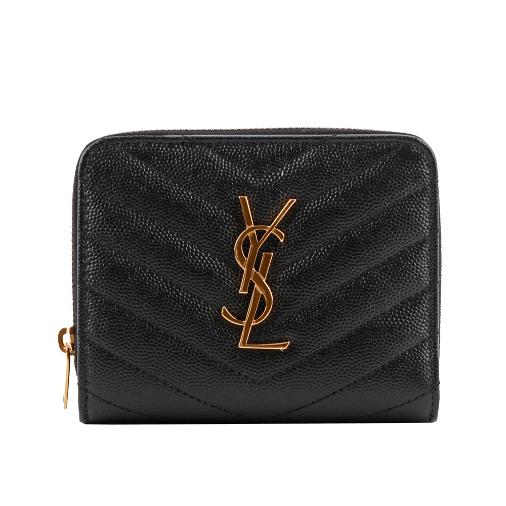 【YSL/Saint Laurent Paris】山形紋魚子醬皮拉鍊零錢袋暗釦對開短夾(黑色)