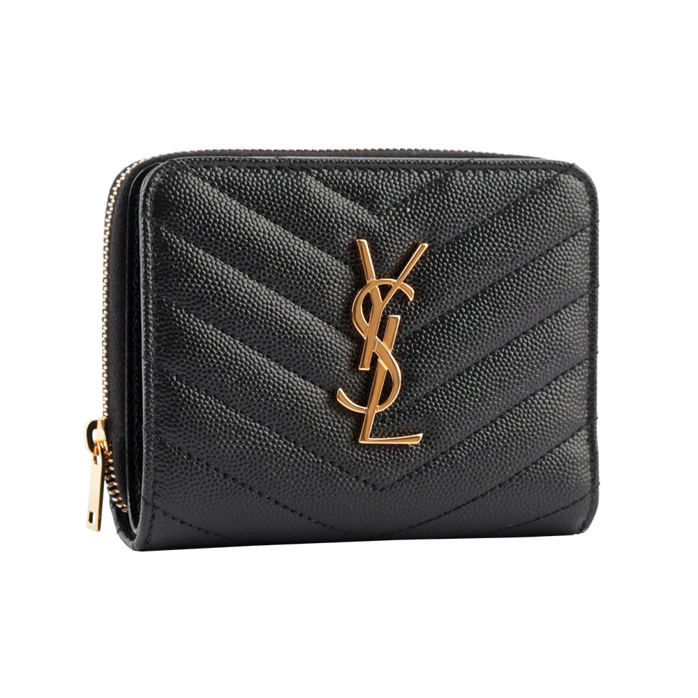 【YSL/Saint Laurent Paris】山形紋魚子醬皮拉鍊零錢袋暗釦對開短夾(黑色)