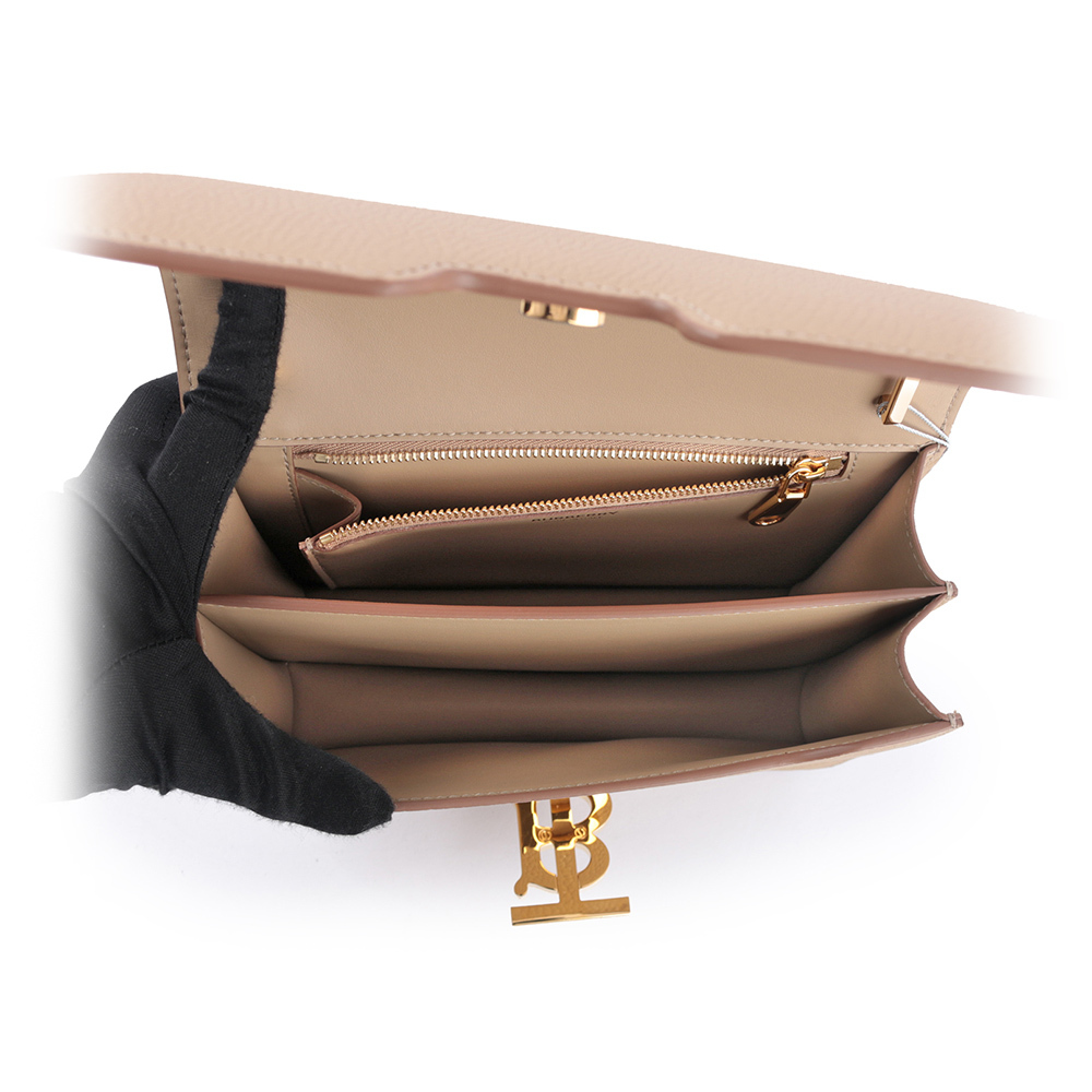 【BURBERRY】TB Logo 顆粒小牛皮斜背包(小款)(燕麥色)