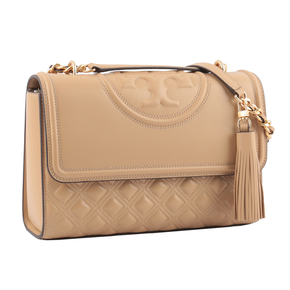 【TORY BURCH】Fleming 縫線翻蓋流蘇二用包(沙色)