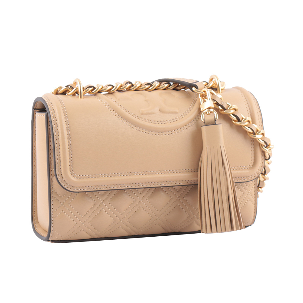 【Tory Burch】Fleming 縫線翻蓋小款流蘇二用包(沙色)
