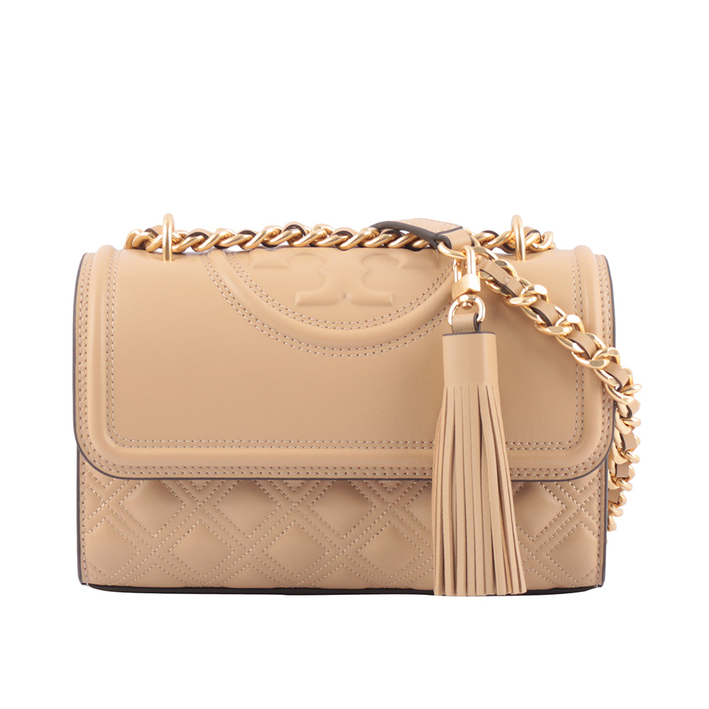 【Tory Burch】Fleming 縫線翻蓋小款流蘇二用包(沙色)